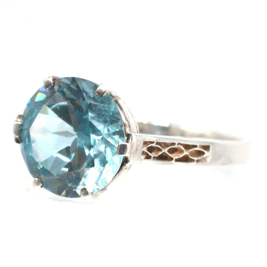 Art Deco 18ct White Gold Blue Zircon Solitaire Ring | Parkin and Gerrish | Antique & Vintage Jewellery