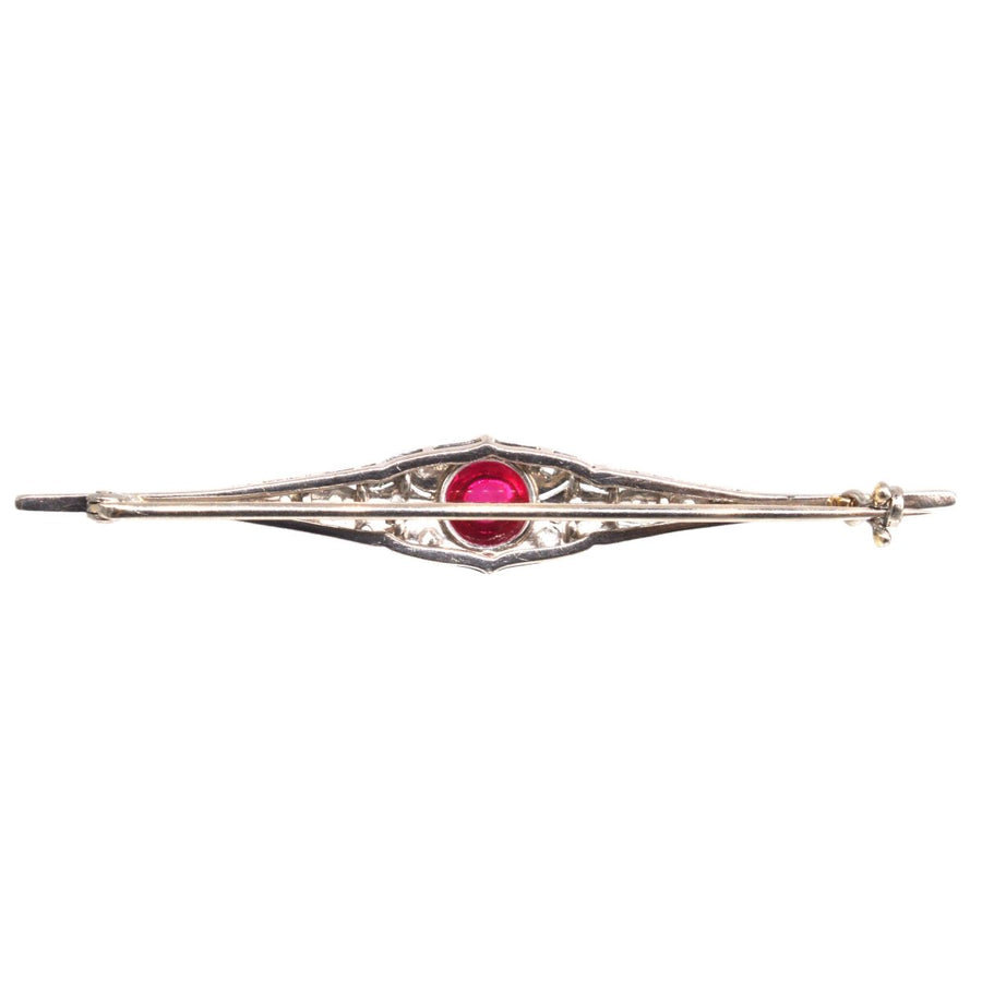 Art Deco 18ct White Gold Brooch with Cabochon Ruby and Rose - Cut Diamonds | Parkin and Gerrish | Antique & Vintage Jewellery