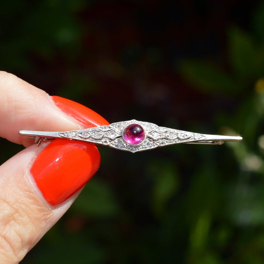 Art Deco 18ct White Gold Brooch with Cabochon Ruby and Rose - Cut Diamonds | Parkin and Gerrish | Antique & Vintage Jewellery