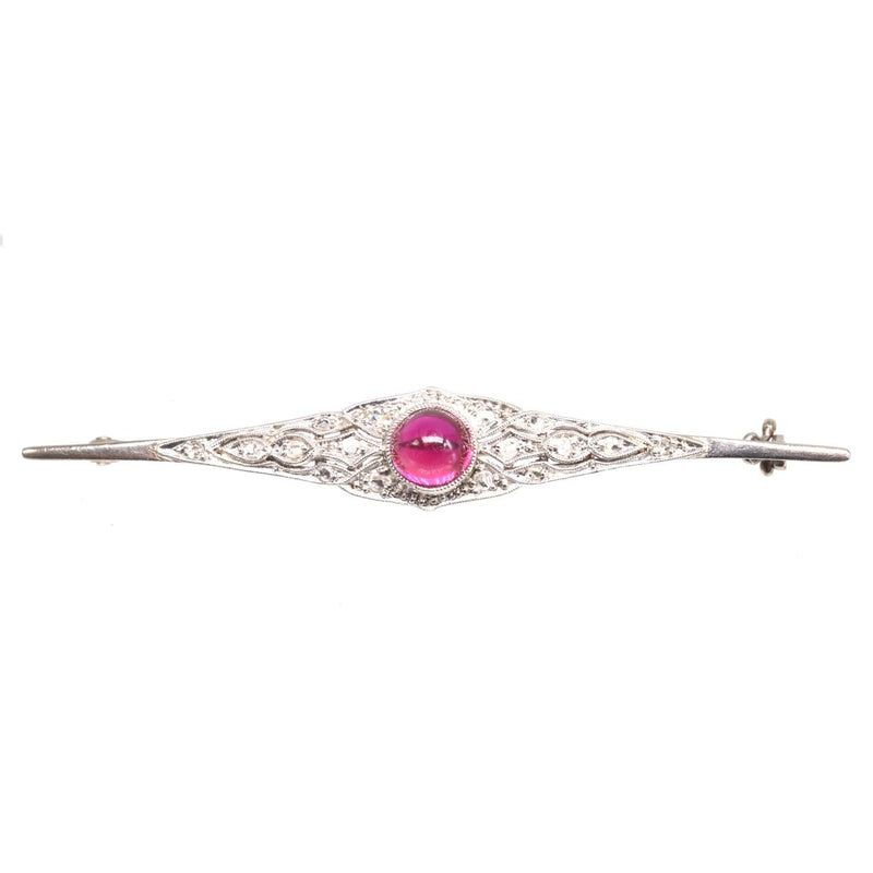 Art Deco 18ct White Gold Brooch with Cabochon Synthetic Ruby and Rose-Cut Diamonds
