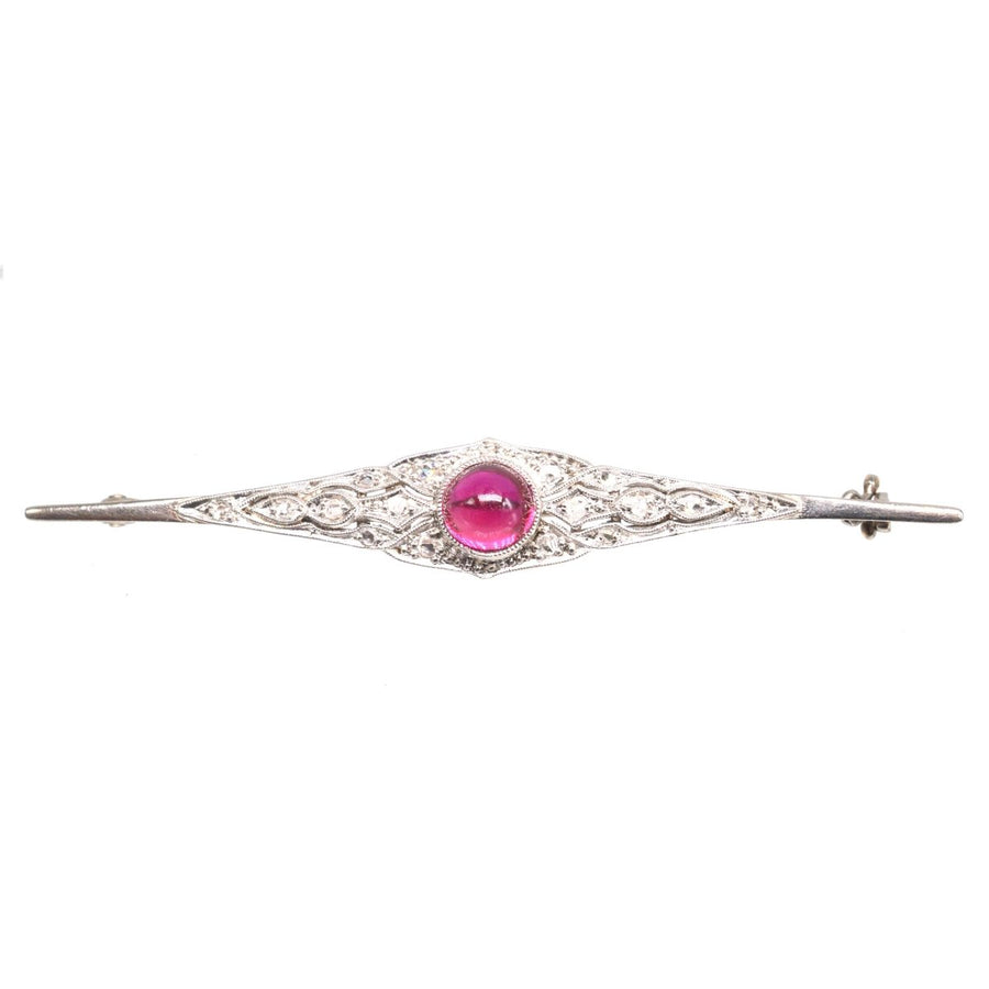 Art Deco 18ct White Gold Brooch with Cabochon Ruby and Rose - Cut Diamonds | Parkin and Gerrish | Antique & Vintage Jewellery
