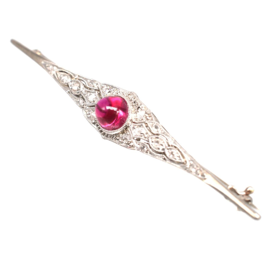 Art Deco 18ct White Gold Brooch with Cabochon Ruby and Rose - Cut Diamonds | Parkin and Gerrish | Antique & Vintage Jewellery