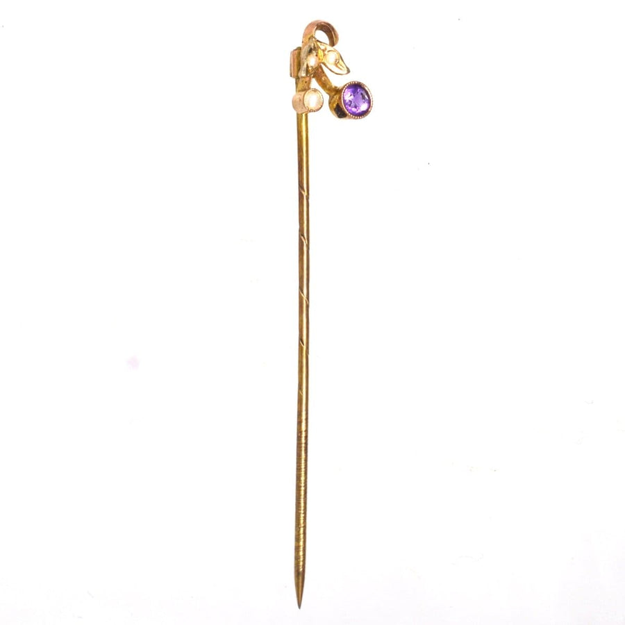 Art Deco 9ct Gold Amethyst and Pearl Tie Pin | Parkin and Gerrish | Antique & Vintage Jewellery