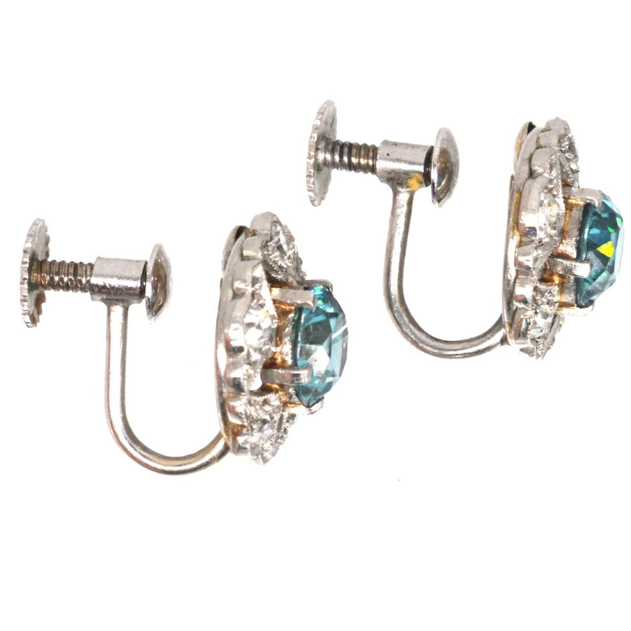 Art Deco 9ct White Gold Blue Zircon and Diamond Cluster Earrings | Parkin and Gerrish | Antique & Vintage Jewellery