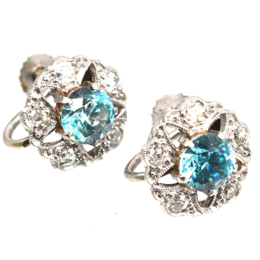 Art Deco 9ct White Gold Blue Zircon and Diamond Cluster Earrings | Parkin and Gerrish | Antique & Vintage Jewellery