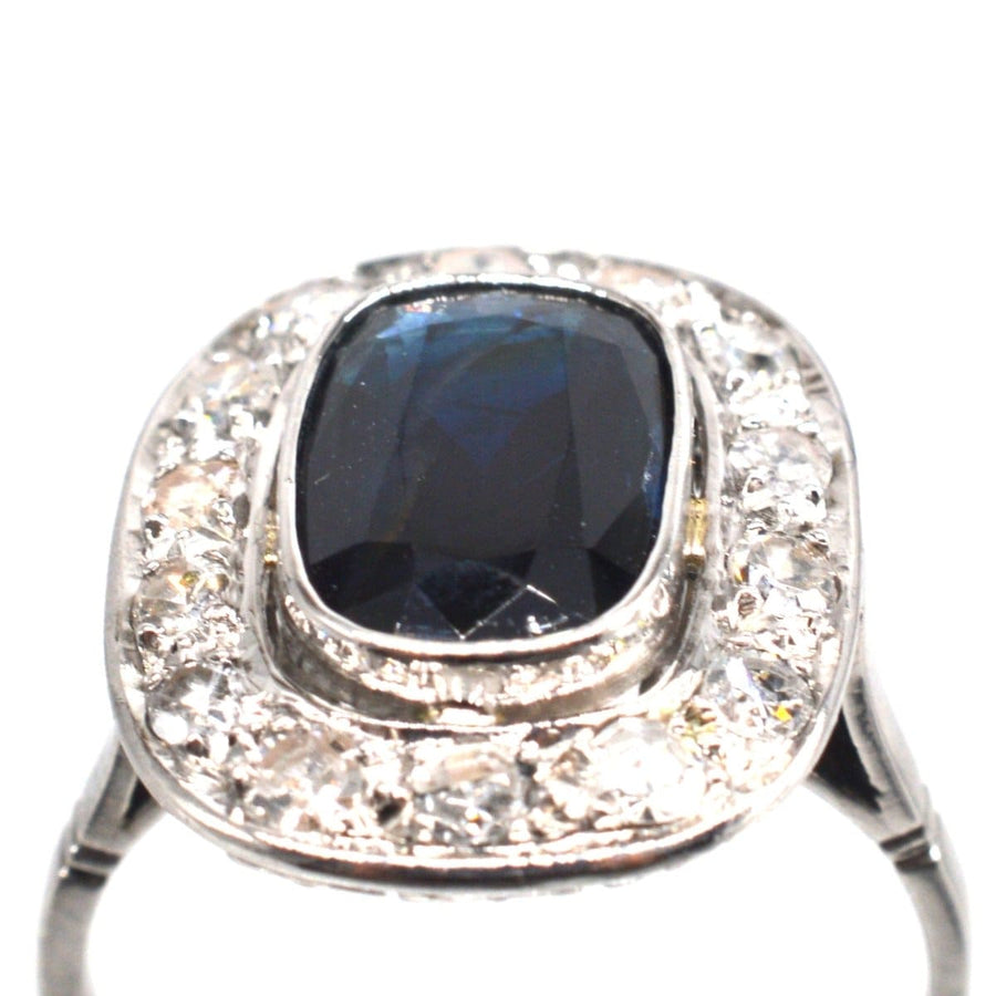 Art Deco French Platinum Dark Sapphire and Diamond Cluster Ring | Parkin and Gerrish | Antique & Vintage Jewellery