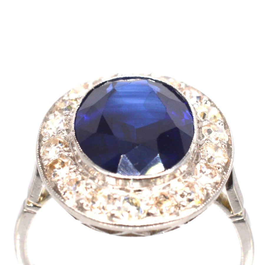 Art Deco Platinum Synthetic Sapphire & Diamond Cluster Ring | Parkin and Gerrish | Antique & Vintage Jewellery
