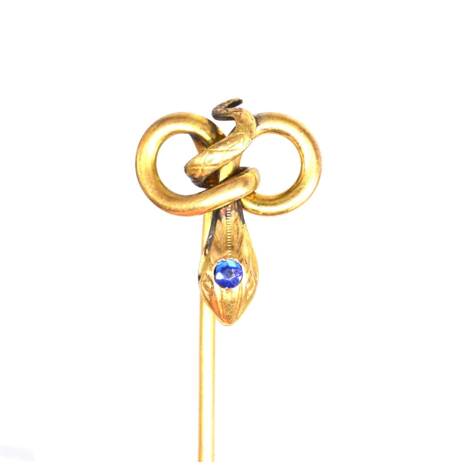 Art Nouveau 'FIX' Gold Snake Tie Pin with a Blue Paste | Parkin and Gerrish | Antique & Vintage Jewellery