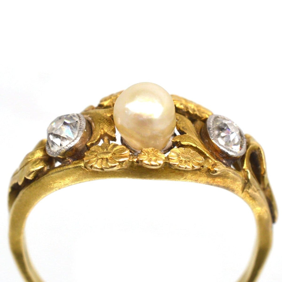 Art Nouveau French 18ct Gold Natural Pearl and Old Mine Cut Diamond Ring | Parkin and Gerrish | Antique & Vintage Jewellery