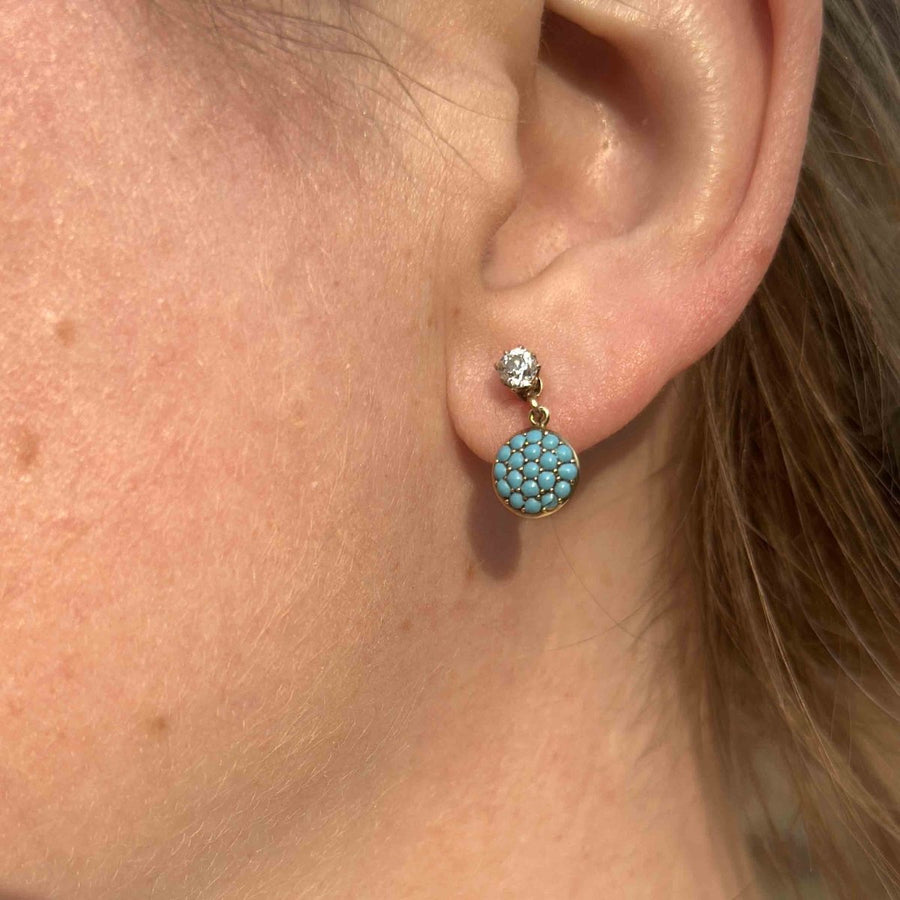Early 20th Century 18ct Gold Diamond and Pavé Turquoise Screw - On Earrings | Parkin and Gerrish | Antique & Vintage Jewellery