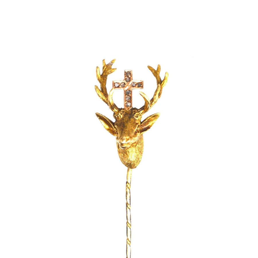 Early 20th Century Austro - Hungarian 14ct Gold and Rose Diamond Tie Pin with the St Hubertus Stag | Parkin and Gerrish | Antique & Vintage Jewellery