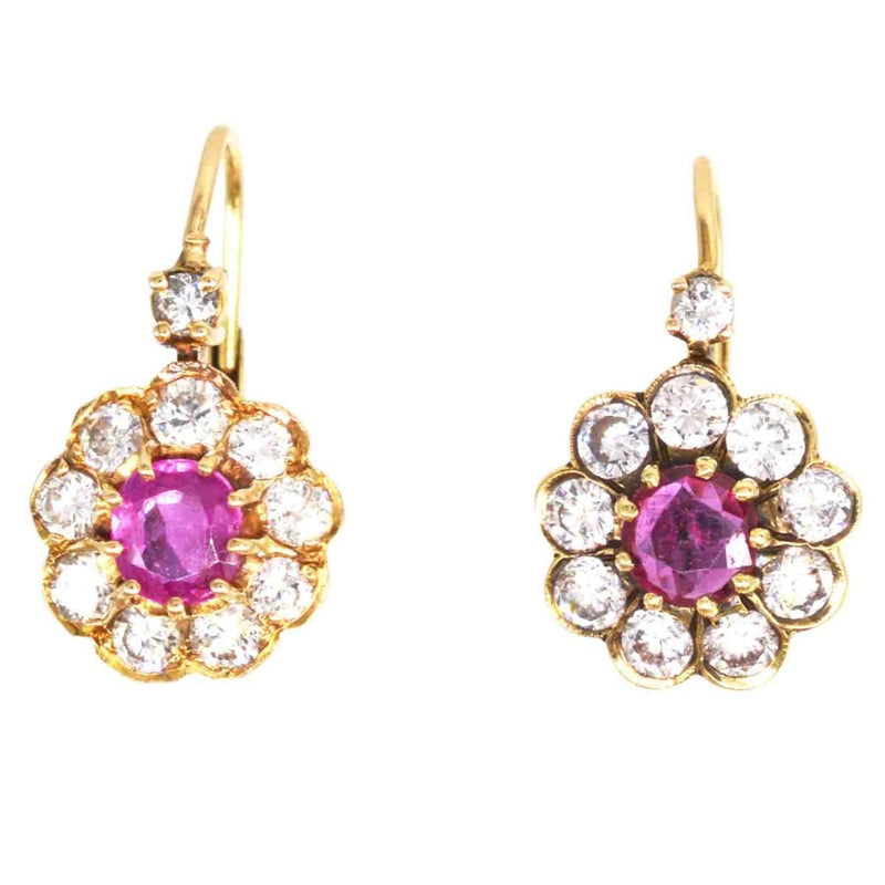 Boucles d'oreilles édouardiennes en or 15 carats avec diamants et rubis