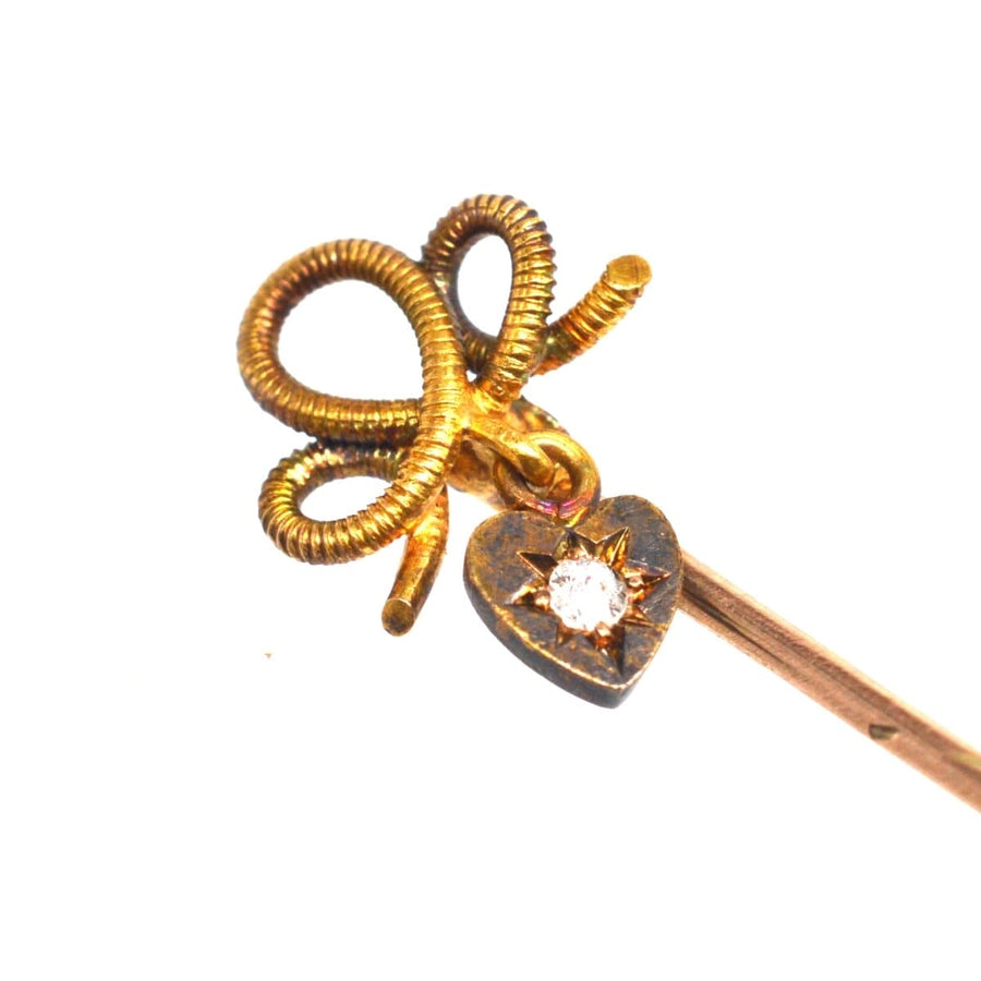 Edwardian 15ct Gold Knot Tie Pin with a Dangling Diamond Heart | Parkin and Gerrish | Antique & Vintage Jewellery