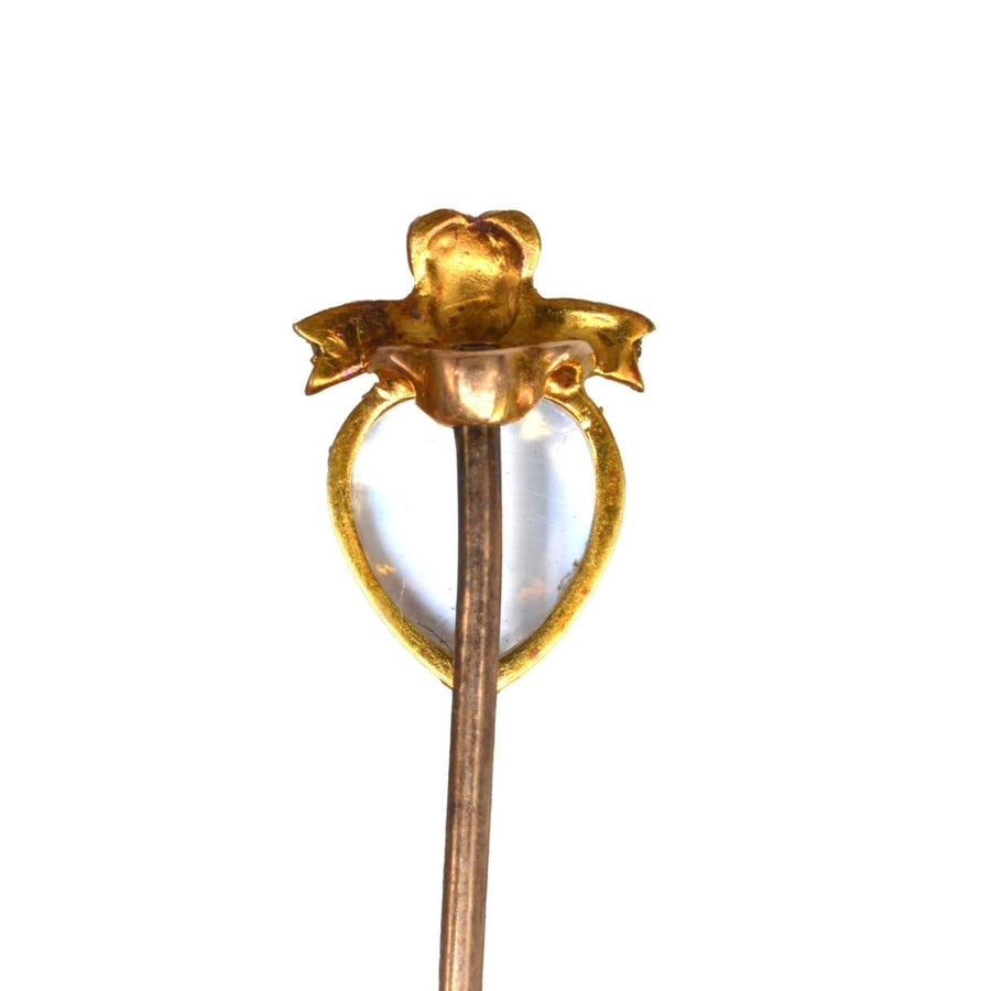 Edwardian 15ct Gold Moonstone Heart and Ruby and Seed Pearl Bow Tie Pin | Parkin and Gerrish | Antique & Vintage Jewellery