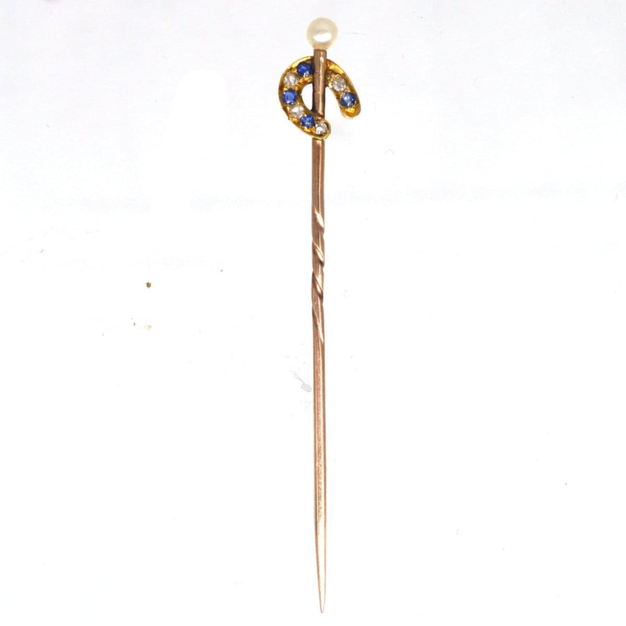 Edwardian 15ct Gold Sapphire and Diamond Horseshoe Tie Pin with a Natural Pearl on Top | Parkin and Gerrish | Antique & Vintage Jewellery
