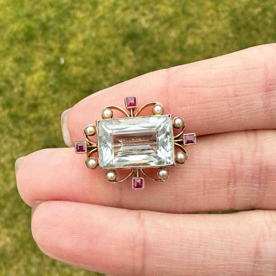 Edwardian 18ct Gold Aquamarine, Ruby and Pearl Brooch | Parkin and Gerrish | Antique & Vintage Jewellery