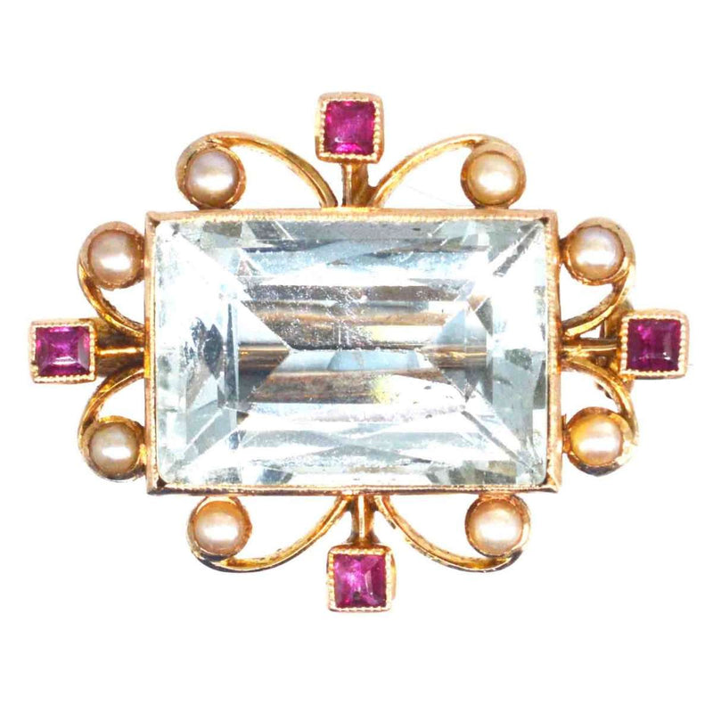 Edwardian 18ct Gold Aquamarine, Ruby and Pearl Brooch