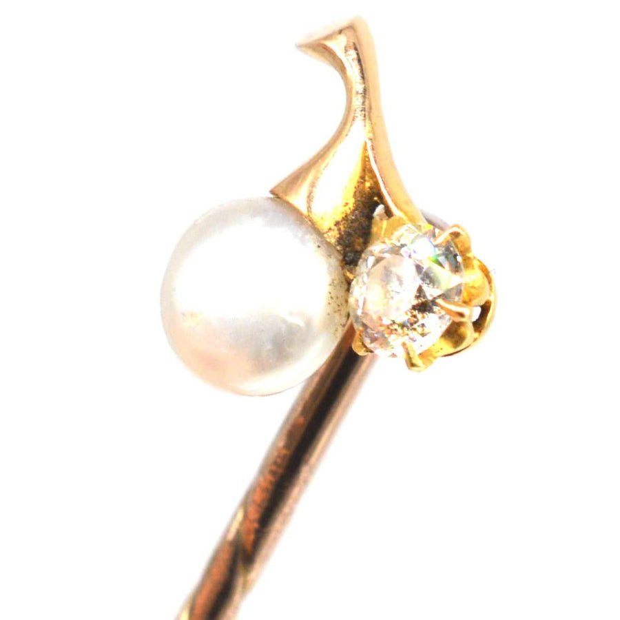 Edwardian 18ct Gold Natural Pearl and Diamond Tie Pin | Parkin and Gerrish | Antique & Vintage Jewellery