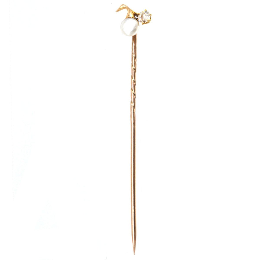 Edwardian 18ct Gold Natural Pearl and Diamond Tie Pin | Parkin and Gerrish | Antique & Vintage Jewellery