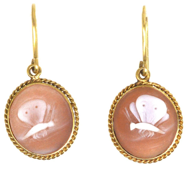 Edwardian 9ct Gold Carved Cassis Tuberosa Helmet Shell Butterfly Cameo Drop Earrings