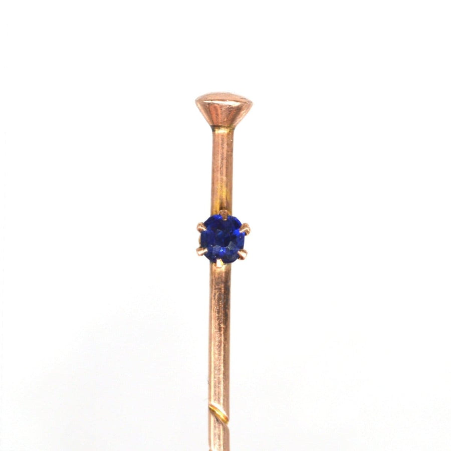 Edwardian 9ct Gold Tie Pin of a Walking Cane / Stick with a Sapphire | Parkin and Gerrish | Antique & Vintage Jewellery