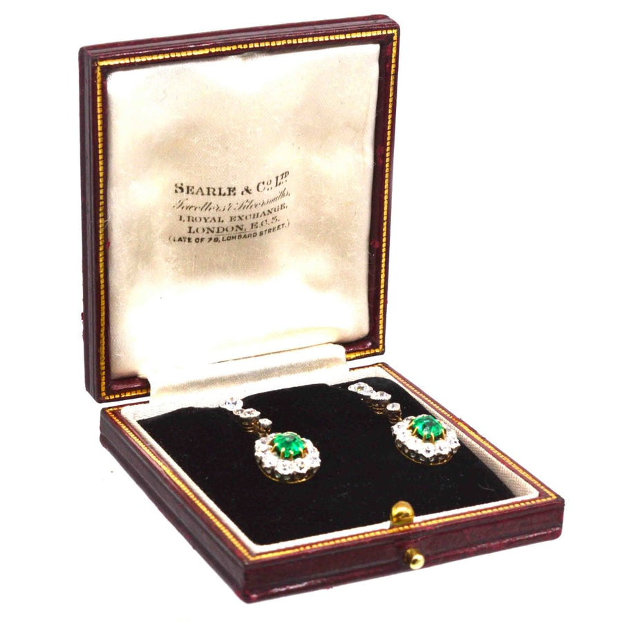 Edwardian Columbian Emerald and Diamond Cluster Drop Earrings | Parkin and Gerrish | Antique & Vintage Jewellery