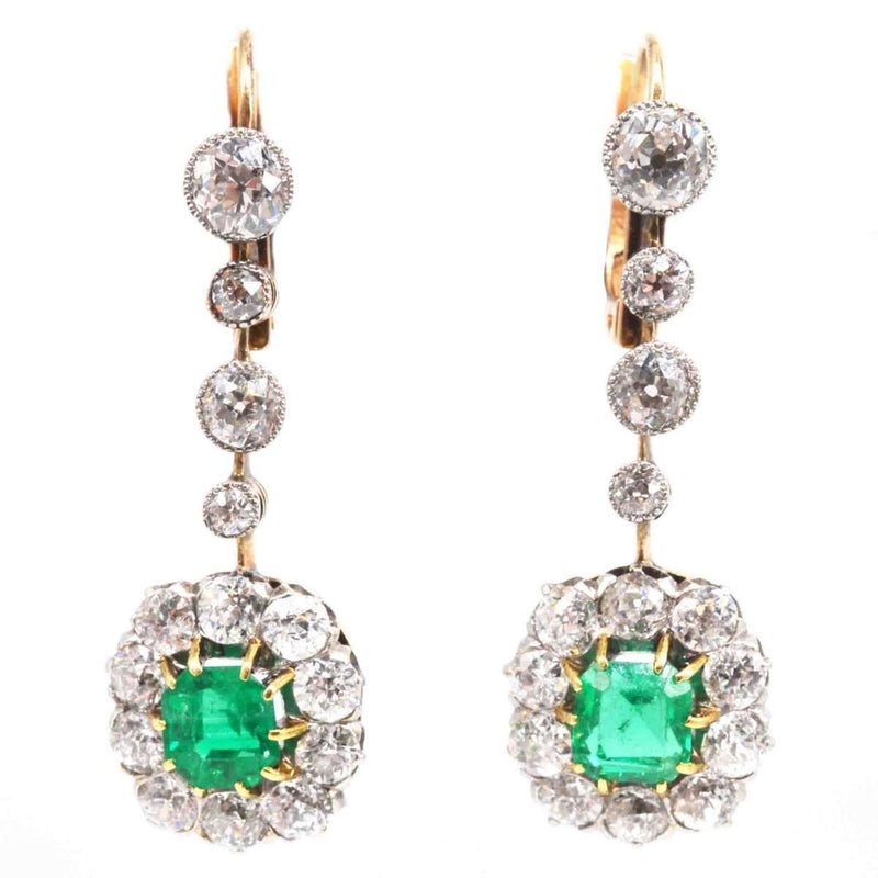 Edwardian Columbian Emerald and Diamond Cluster Drop Earrings