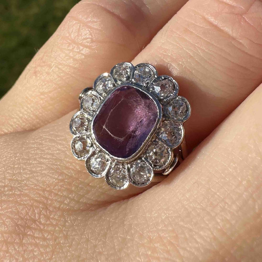 Edwardian Platinum and 18ct Gold Amethyst and Diamond Cluster Ring | Parkin and Gerrish | Antique & Vintage Jewellery