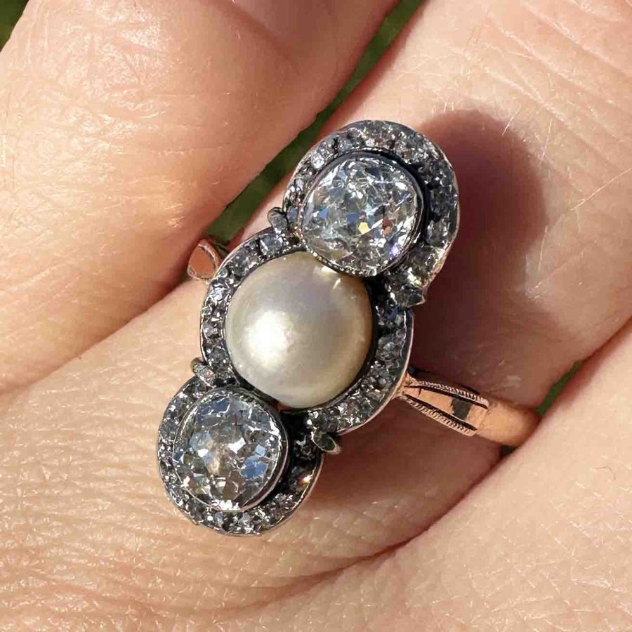 Edwardian Silver and 15ct Gold Old Mine Cut Diamond and Natural Pearl Three Stone Ring | Parkin and Gerrish | Antique & Vintage Jewellery