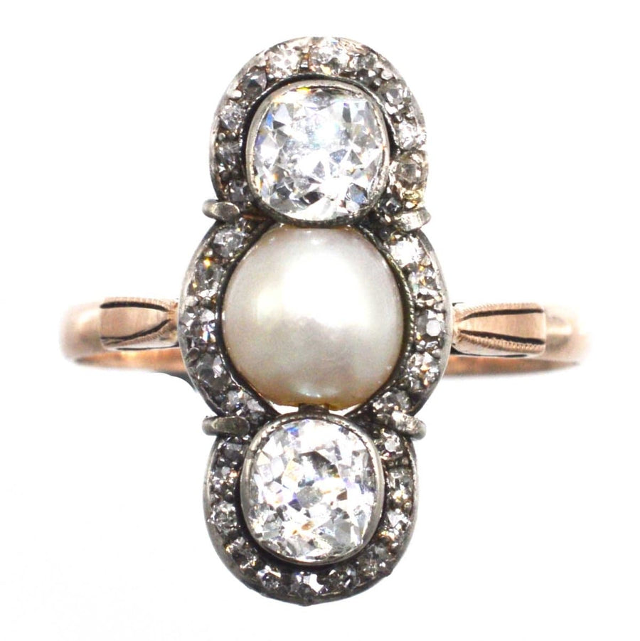 Edwardian Silver and 15ct Gold Old Mine Cut Diamond and Natural Pearl Three Stone Ring | Parkin and Gerrish | Antique & Vintage Jewellery