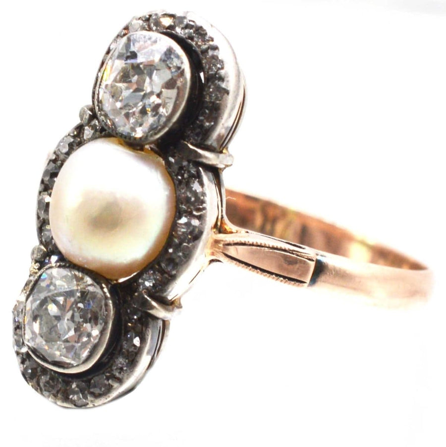 Edwardian Silver and 15ct Gold Old Mine Cut Diamond and Natural Pearl Three Stone Ring | Parkin and Gerrish | Antique & Vintage Jewellery