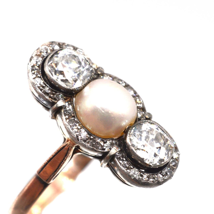 Edwardian Silver and 15ct Gold Old Mine Cut Diamond and Natural Pearl Three Stone Ring | Parkin and Gerrish | Antique & Vintage Jewellery