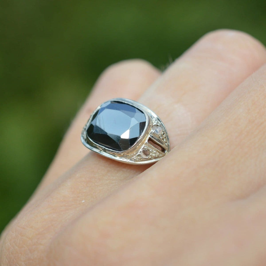 French Art Deco 18ct Gold and Platinum Hematite and Diamond Ring | Parkin and Gerrish | Antique & Vintage Jewellery