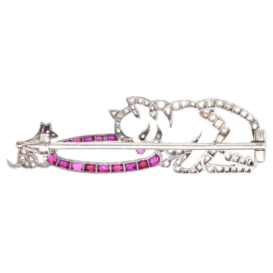 French Art Deco Platinum, Rose Cut Diamond & Ruby Brooch with a Cat and a Mouse | Parkin and Gerrish | Antique & Vintage Jewellery