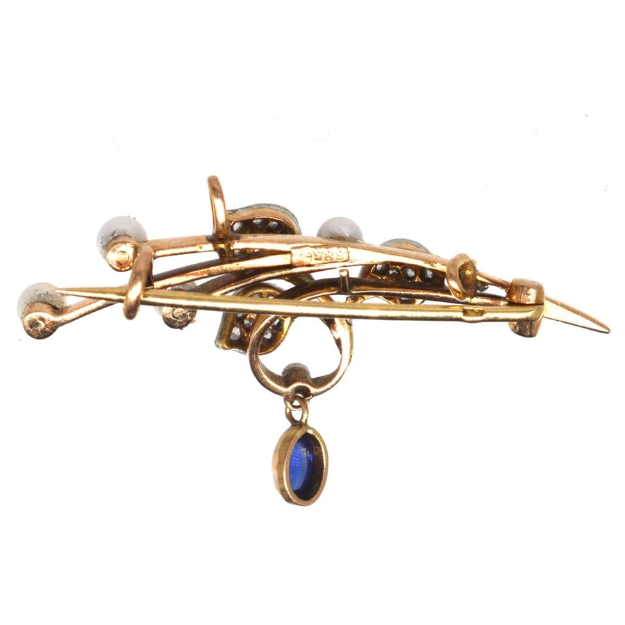 French Art Nouveau 14ct Gold Pearl, Diamond and Cabochon Sapphire Brooch / Pendant | Parkin and Gerrish | Antique & Vintage Jewellery