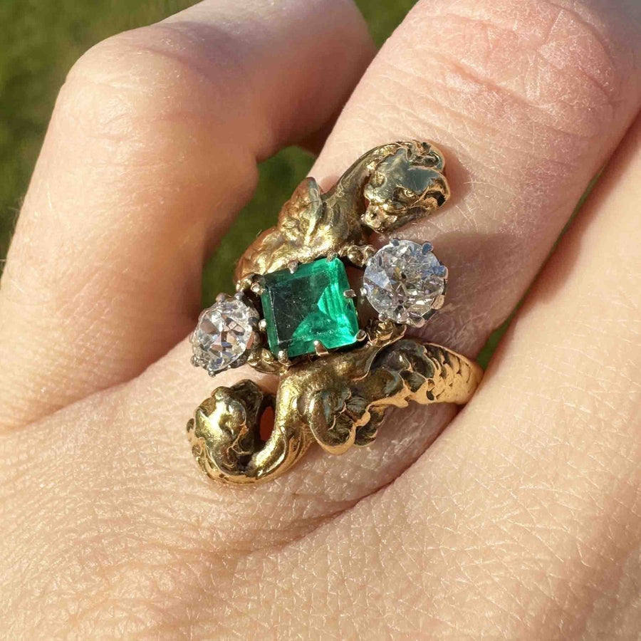 French Art Nouveau 18ct Gold Griffin Ring with Colombian Emerald and Diamonds | Parkin and Gerrish | Antique & Vintage Jewellery