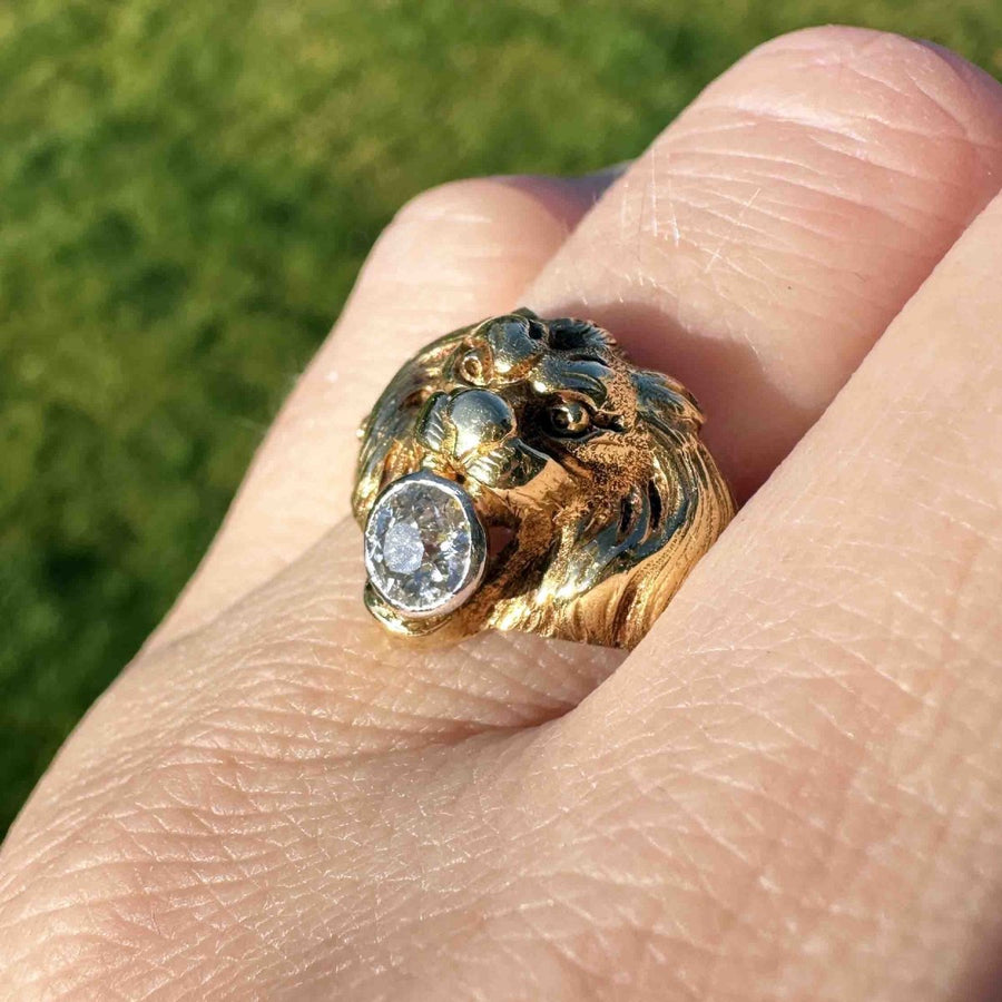 French Art Nouveau 18ct Gold Roaring Lion with Diamond | Parkin and Gerrish | Antique & Vintage Jewellery