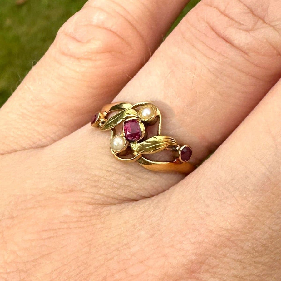 French Art Nouveau 18ct Gold, Ruby and Pearl Ring | Parkin and Gerrish | Antique & Vintage Jewellery