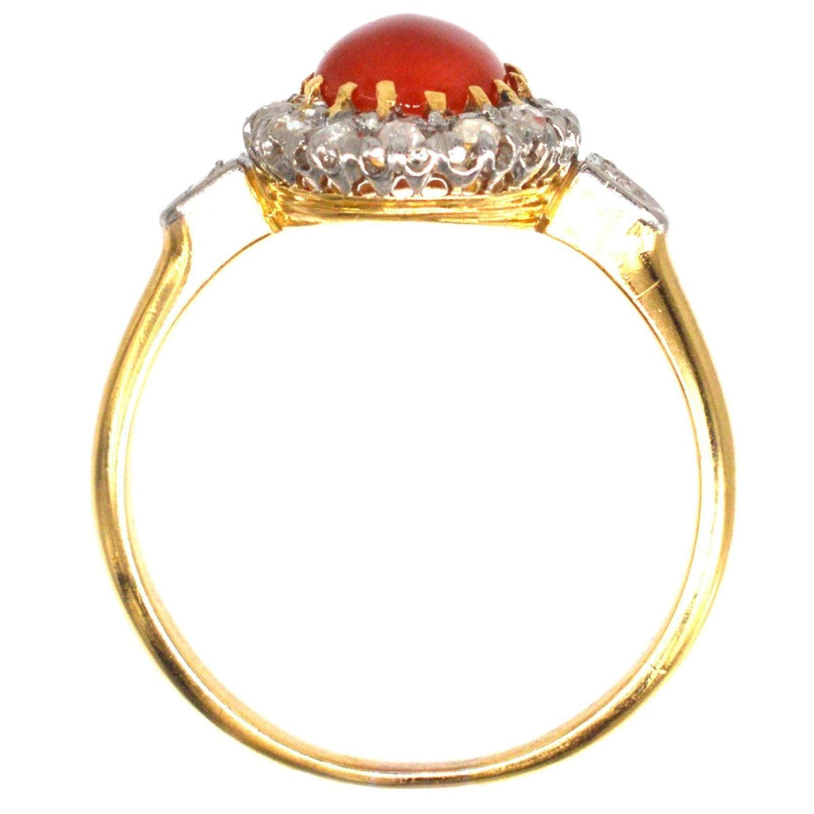 French Belle Époque Hot Red Coral and Diamond Cluster Ring