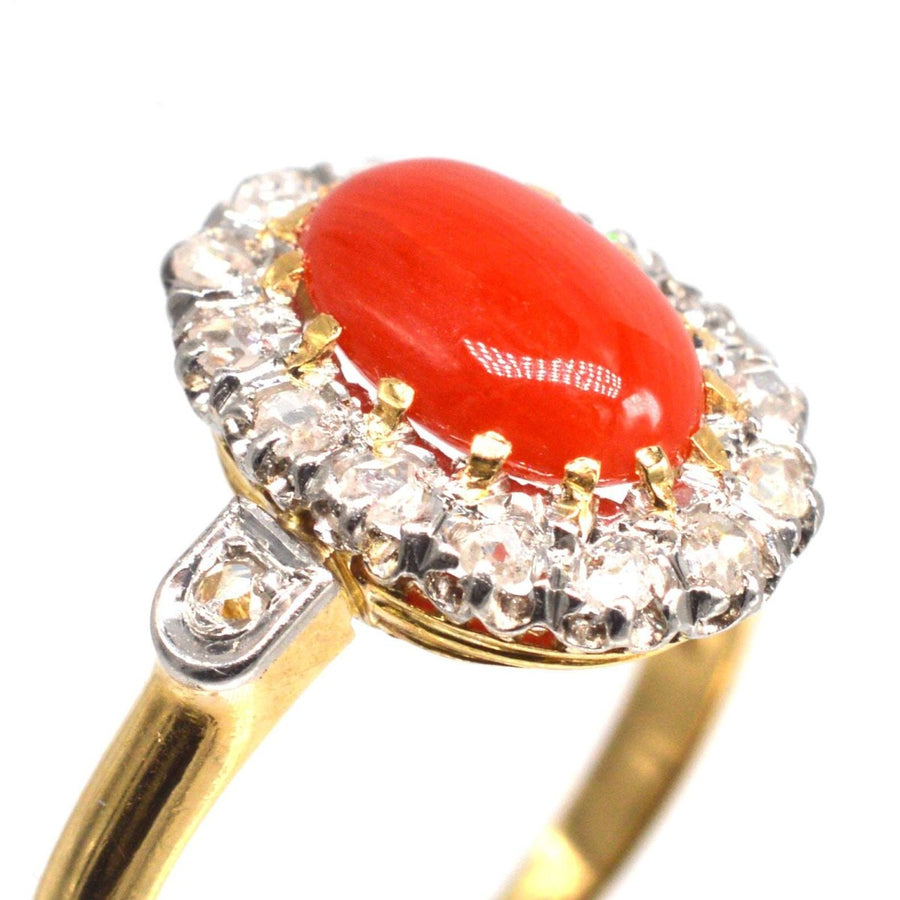 French Belle Époque Hot Red Coral and Diamond Cluster Ring