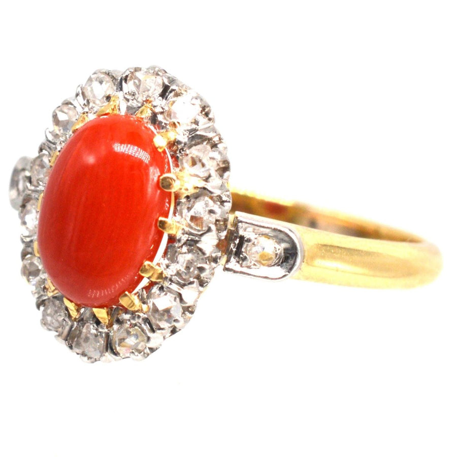 French Belle Époque Hot Red Coral and Diamond Cluster Ring