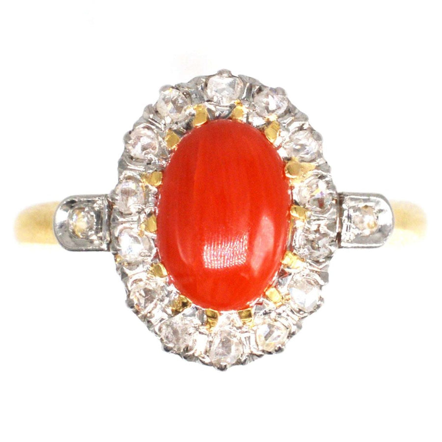 French Belle Époque Hot Red Coral and Diamond Cluster Ring