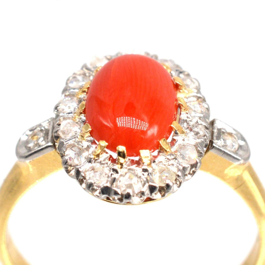 French Belle Époque Hot Red Coral and Diamond Cluster Ring