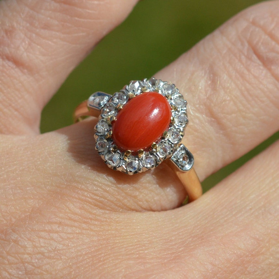 French Belle Époque Hot Red Coral and Diamond Cluster Ring