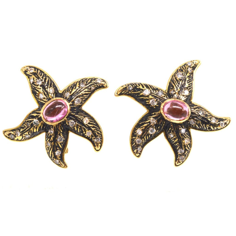 French C. Bonnetaud 18ct Gold Pink Tourmaline, Diamond & Black Enamel Starfish Earrings