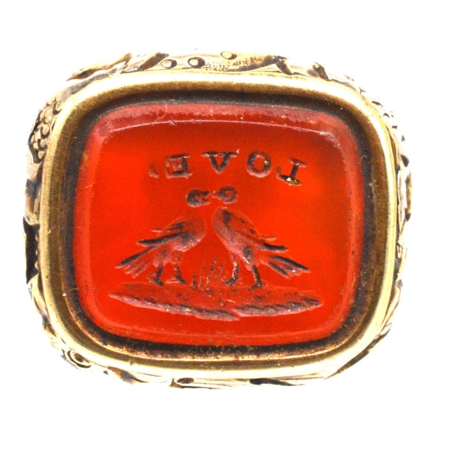 Georgian Gold Cased Seal with Carnelian Intaglio of Two Dove Birds and Love | Parkin and Gerrish | Antique & Vintage Jewellery