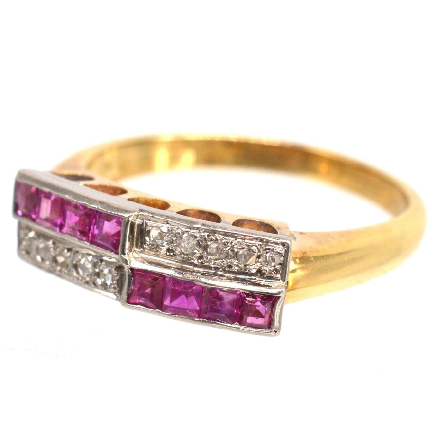 German Mid Century 14ct Gold and Platinum Ruby & Rose Diamond Geometric Ring | Parkin and Gerrish | Antique & Vintage Jewellery