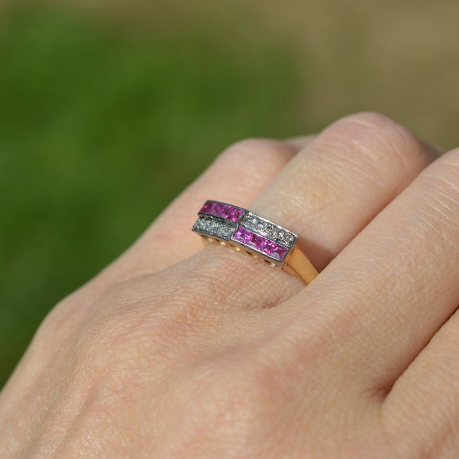 German Mid Century 14ct Gold and Platinum Ruby & Rose Diamond Geometric Ring | Parkin and Gerrish | Antique & Vintage Jewellery