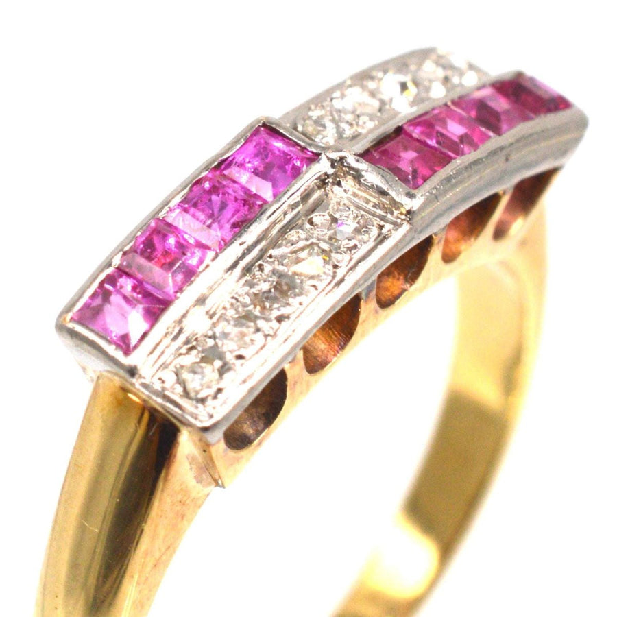 German Mid Century 14ct Gold and Platinum Ruby & Rose Diamond Geometric Ring | Parkin and Gerrish | Antique & Vintage Jewellery