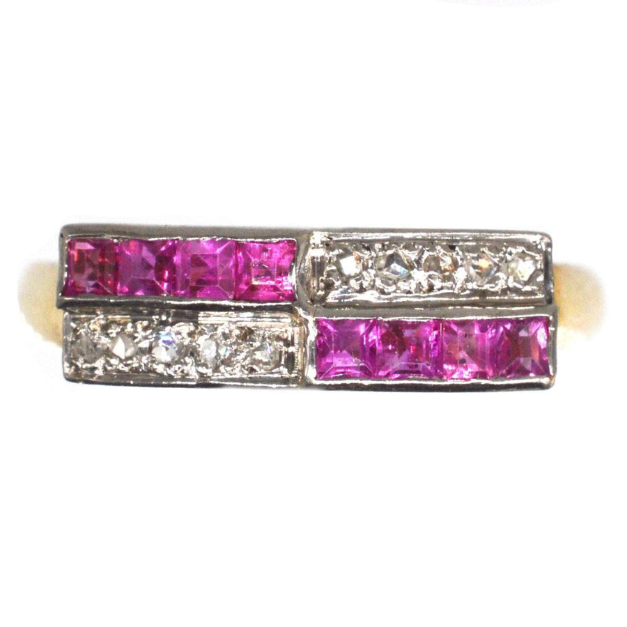 German Mid Century 14ct Gold and Platinum Ruby & Rose Diamond Geometric Ring | Parkin and Gerrish | Antique & Vintage Jewellery